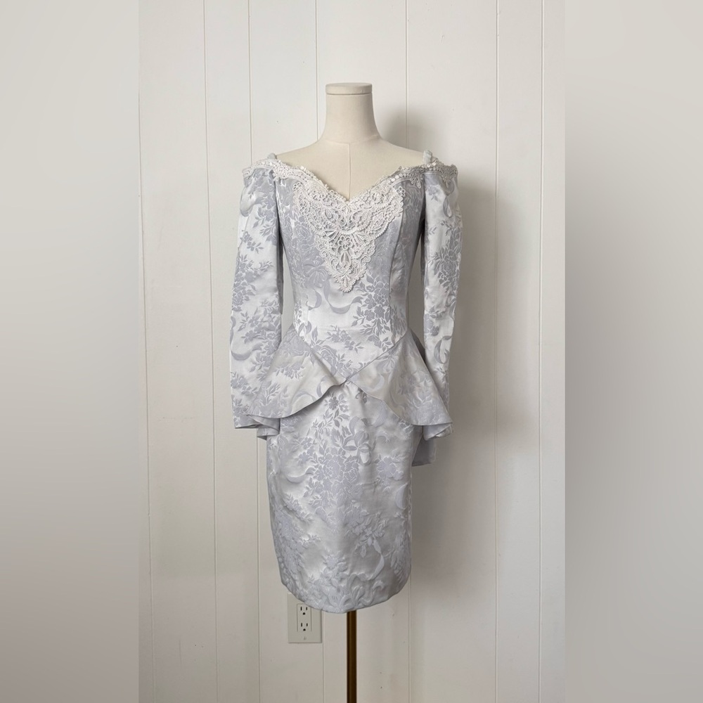 Vintage 80s Scott McClintock Jacquard Ice Blue Victorian Peplum Dress Sz 6